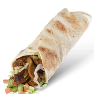 Beef and lamb donair rolled in grill-marked pita with diced tomato and cucumber