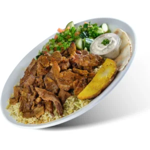 Beef and lamb shawarma over dill rice with salad, a potato wedge, tzatziki and pita