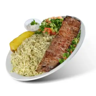 Beef souvlaki on dill rice with salad, a potato wedge and tzatziki