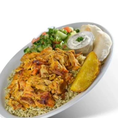 Chicken shawarma over dill rice with salad, a roasted potato wedge, tzatziki and pita
