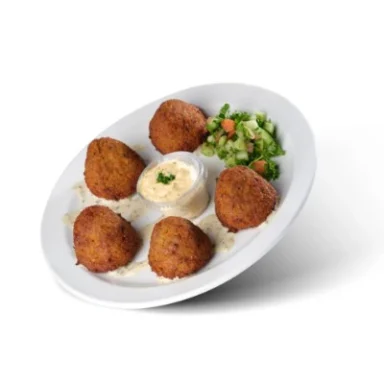 Falafel with a cup of hummus and chopped salad