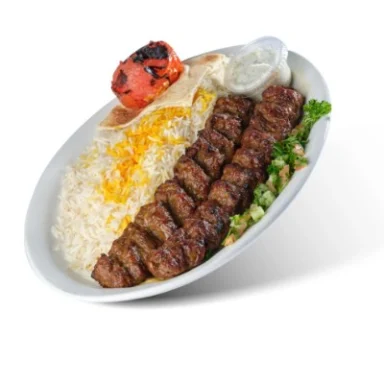 Ground beef kabob beside white rice with a golden rice topping, grilled tomato and salad