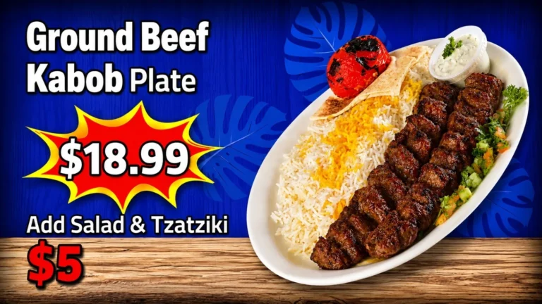 Ground beef kabob plate with saffron rice, grilled tomato and pita, special $18.99 at Mediterranean Grill