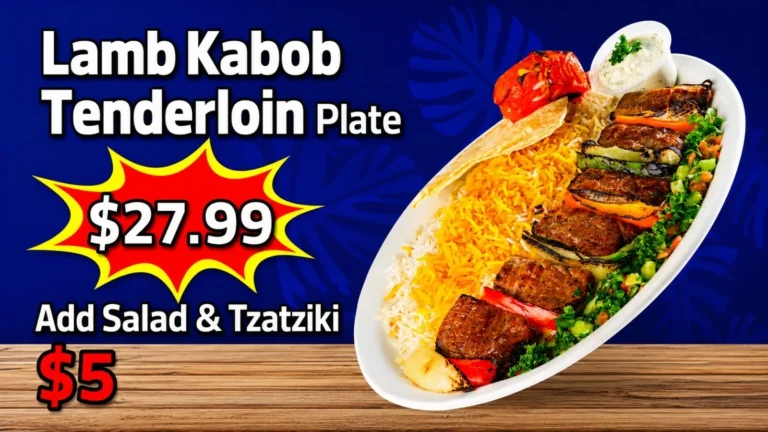Lamb kabob tenderloin plate with saffron rice, grilled peppers, tomato and pita, special $27.99 at Mediterranean Grill