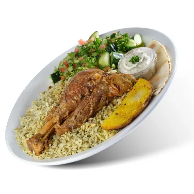 Lamb shank on dill rice with salad, a potato wedge, tzatziki and pita