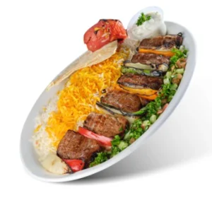 Lamb souvlaki tenderloin with rice, grilled tomato, salad and tzatziki