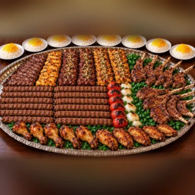 Large Persian mixed grill platter with koobideh, barg and joojeh kebabs, lamb chops, chicken, grilled tomatoes and saffron rice