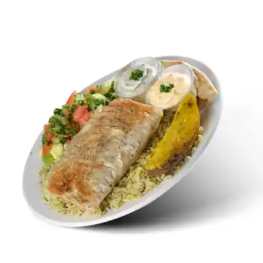 Spinach pie with dill rice, salad, a potato wedge and tzatziki